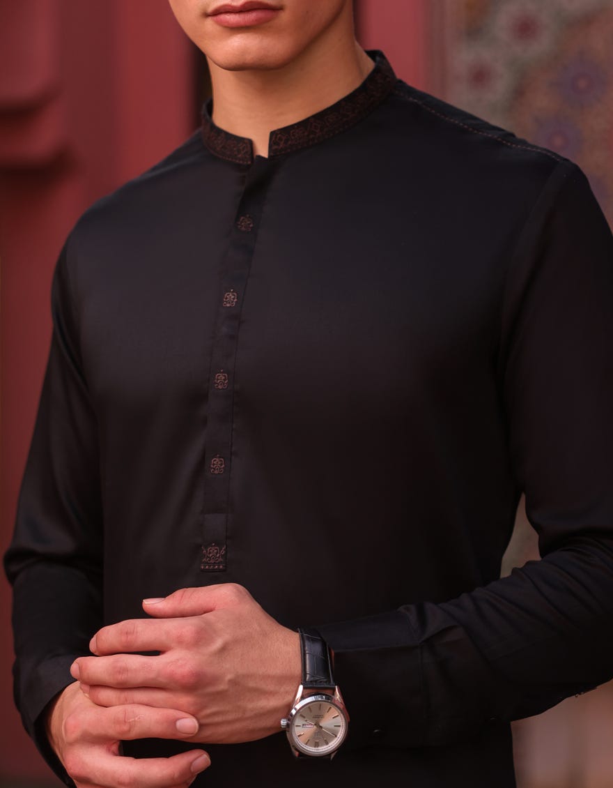 Black Cotton Men's Kameez Shalwar | Jjks-S-32886