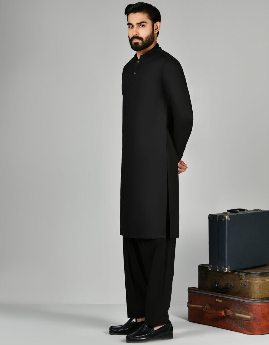 Black Cotton Men's Kameez Shalwar | Jjks-S-32888