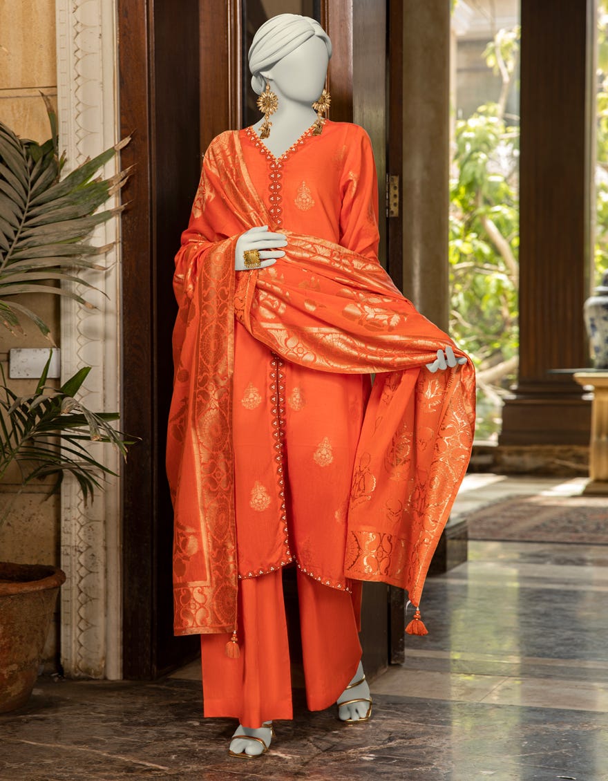 ORANGE DYED JACQUARD UNSTITCHED 3PC