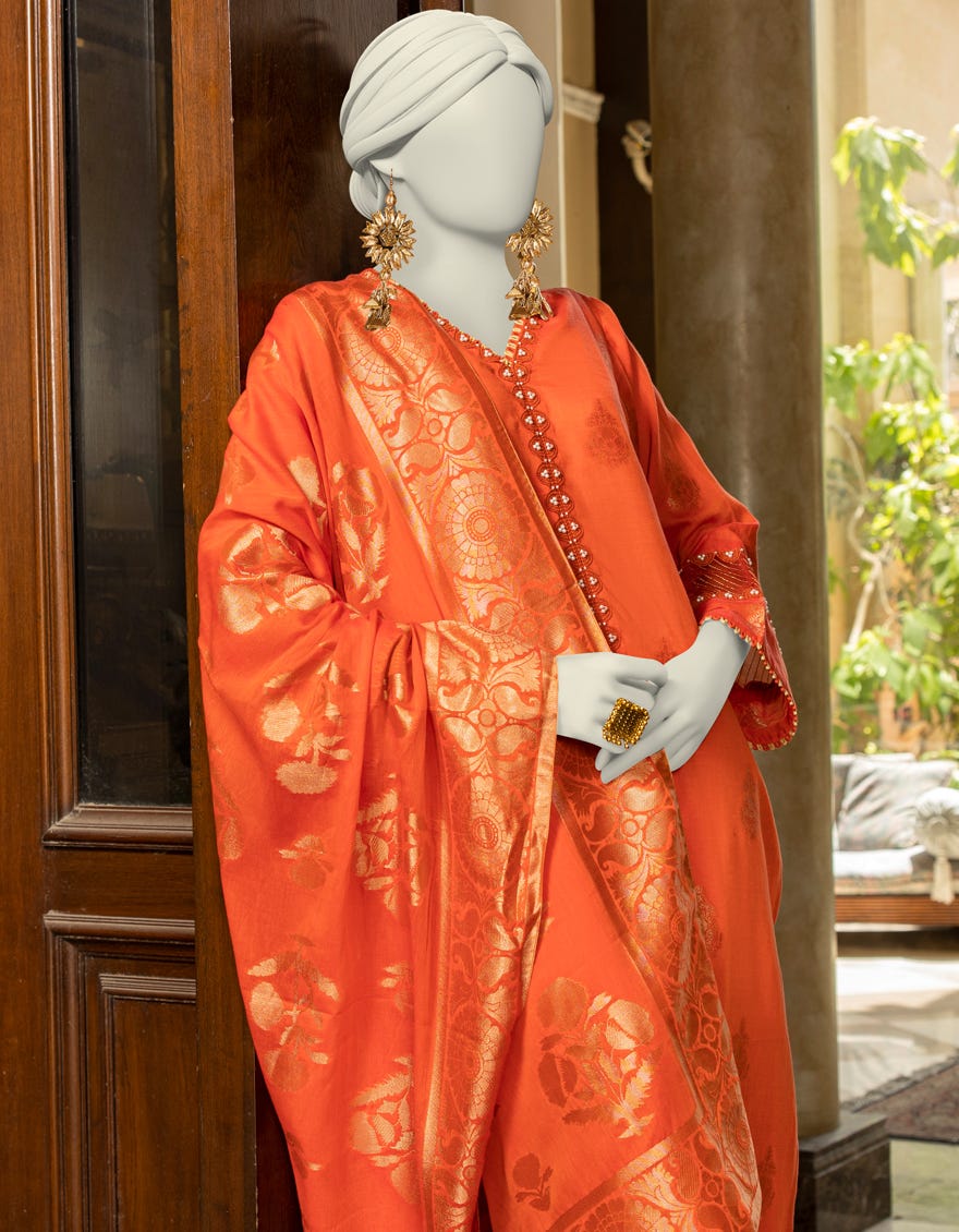 ORANGE DYED JACQUARD UNSTITCHED 3PC