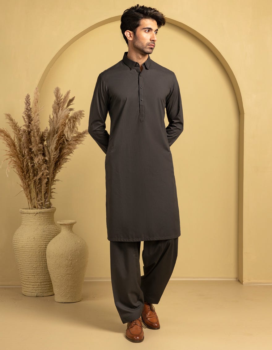 CHARCOAL GREY BLENDED KAMEEZ SHALWAR | JJKS-A-33054