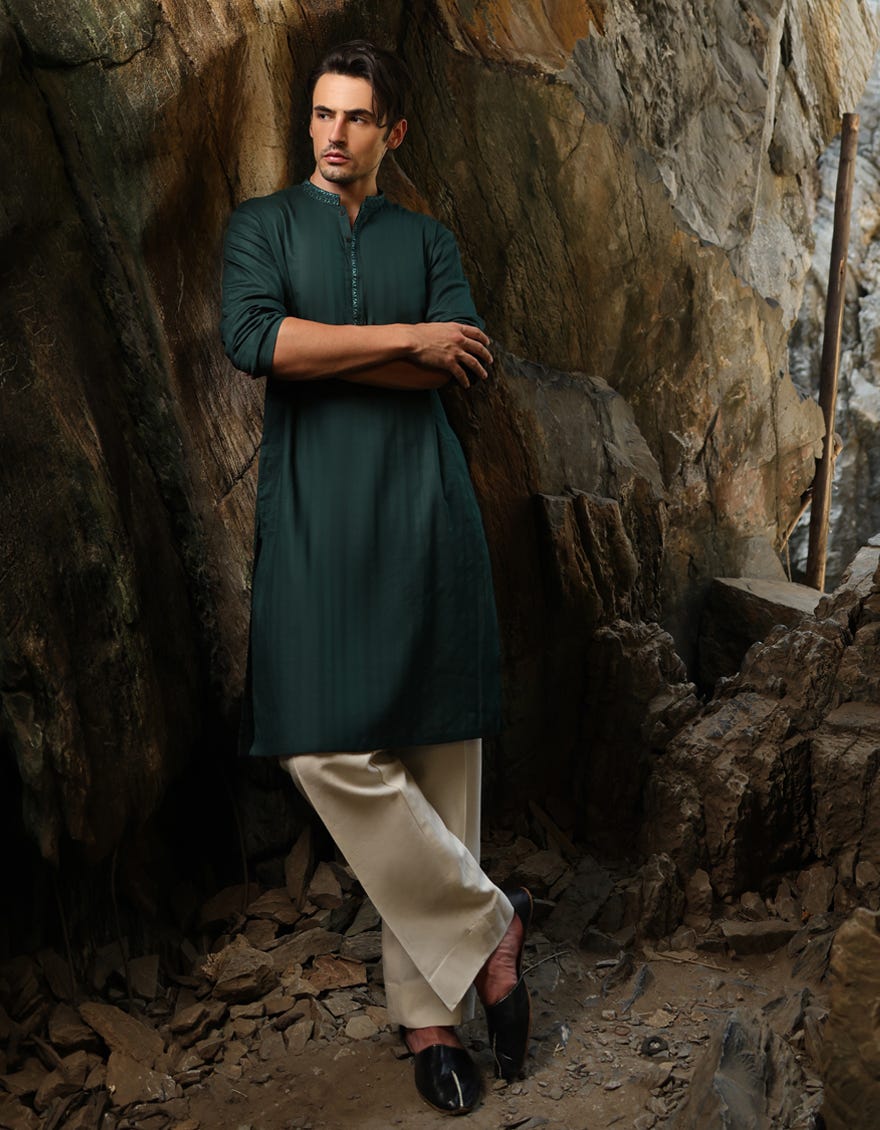 BOTTLE GREEN COTTON KURTA | JJK-S-33064