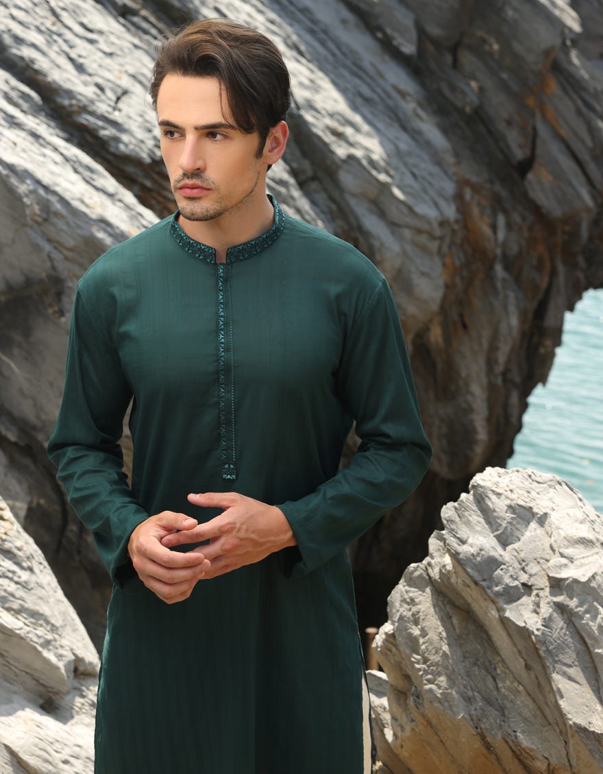 BOTTLE GREEN COTTON KURTA | JJK-S-33064