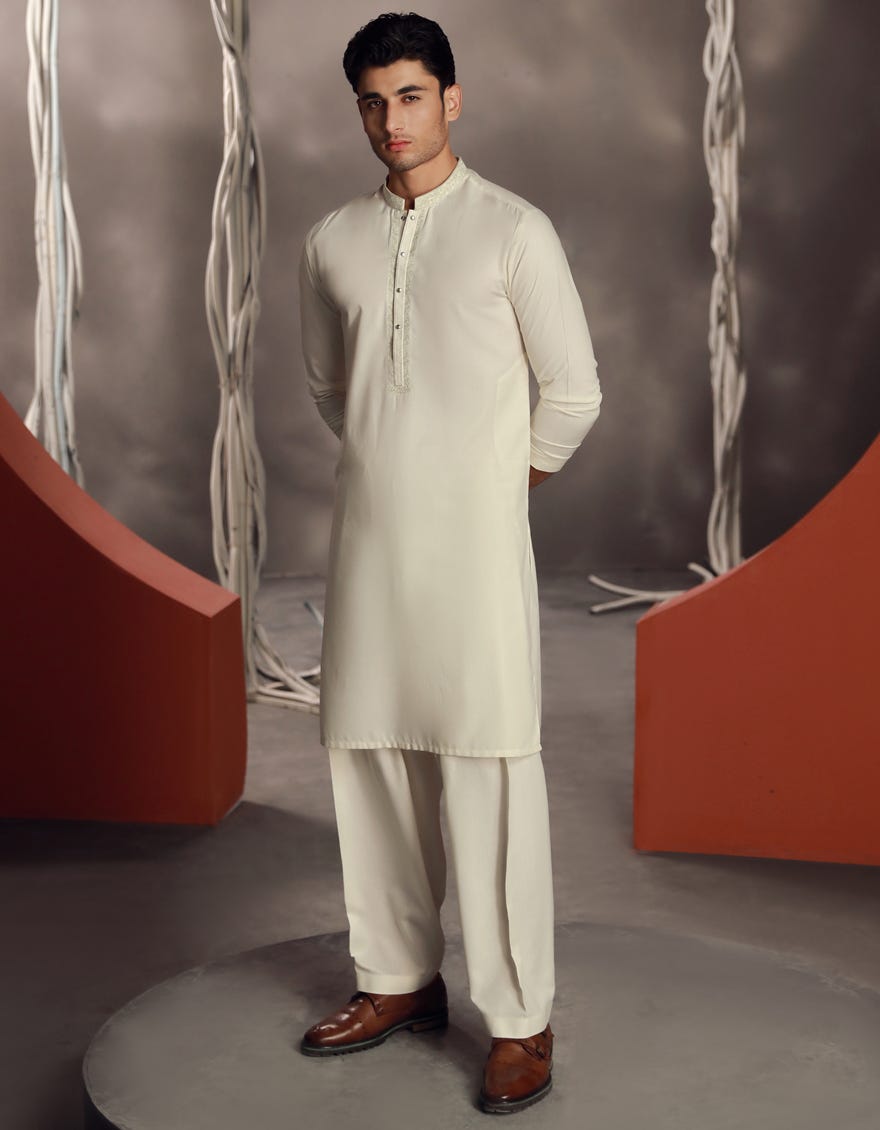 OFF WHITE BLENDED KAMEEZ SHALWAR | JJKS-A-33070
