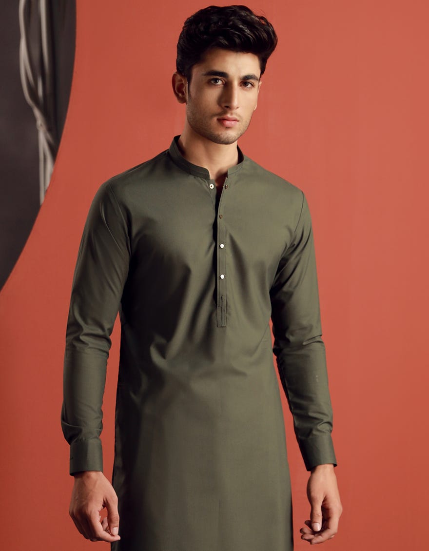 ARMY GREEN BLENDED KAMEEZ SHALWAR | JJKS-A-33100