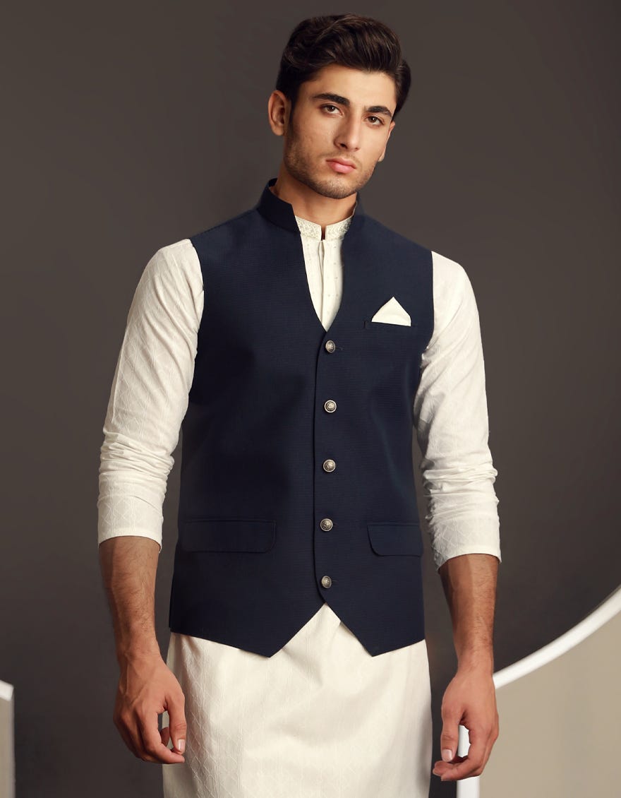 NAVY BLUE BLENDED WAISTCOAT | JJVC-A-33135