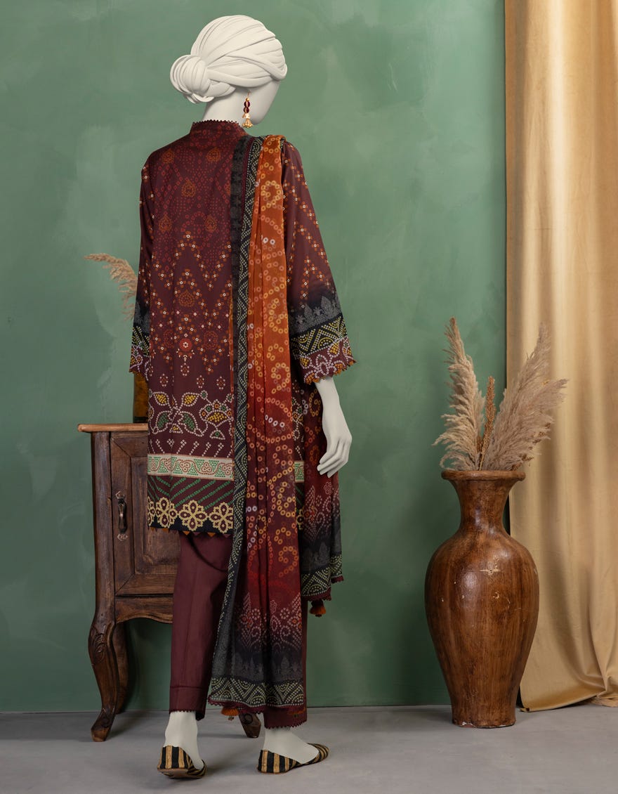 MAROON LAWN PRINTED UNSTITCHED 3PC
