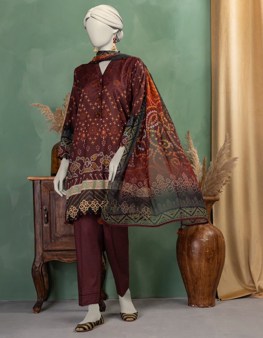 MAROON LAWN PRINTED UNSTITCHED 3PC