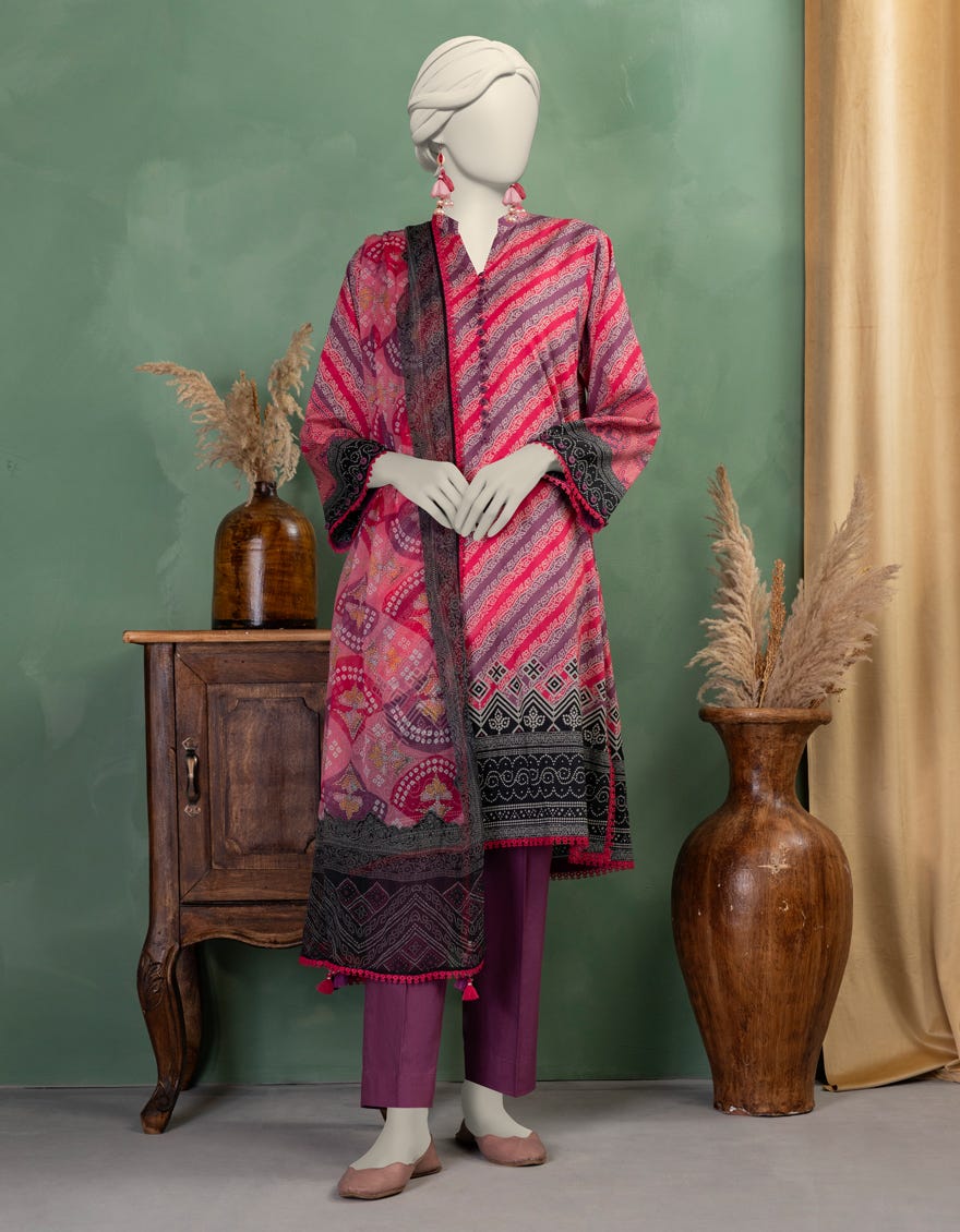 PURPLE LAWN PRINTED UNSTITCHED 3PC