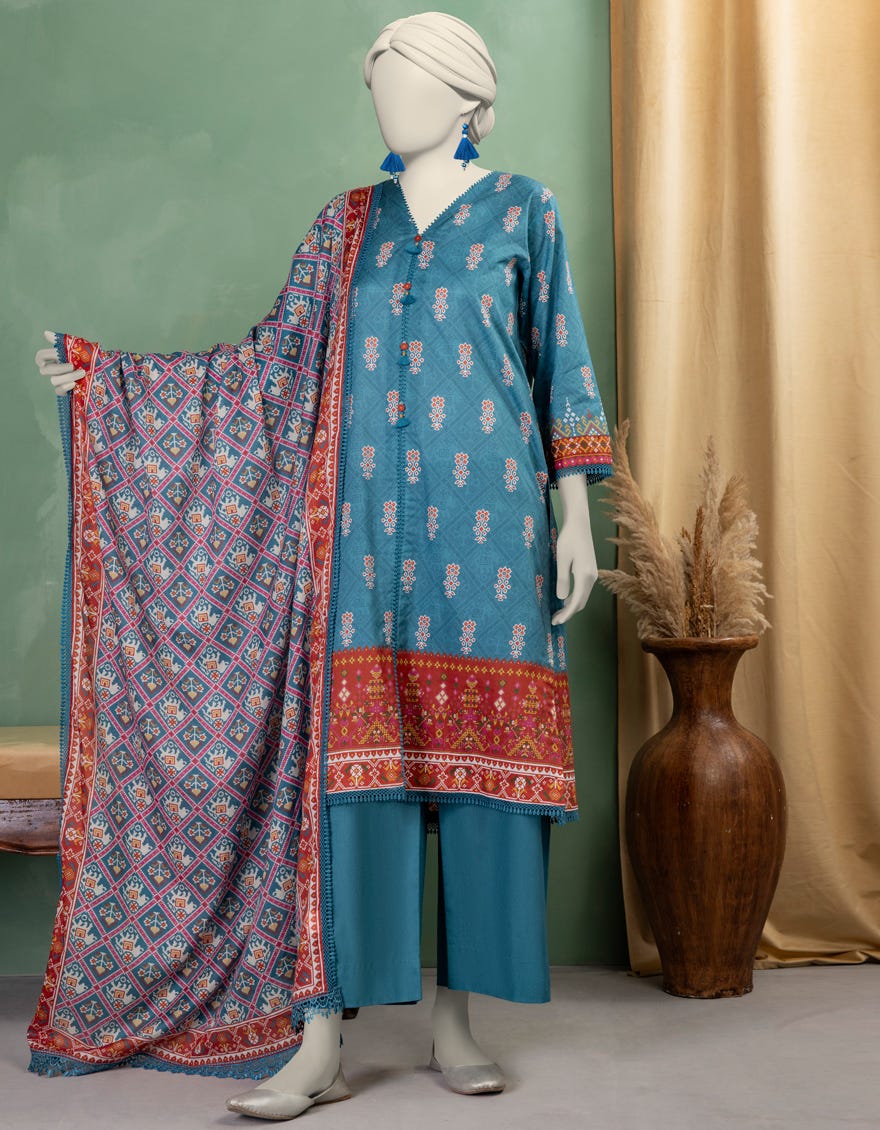 BLUE LAWN PRINTED UNSTITCHED 3PC