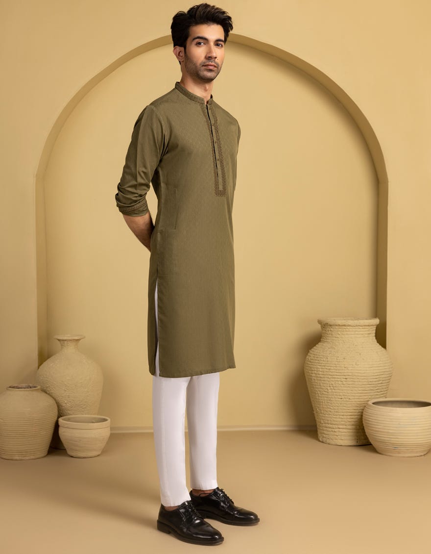 MEHNDI GREEN BLENDED SEMI-FORMAL KURTA