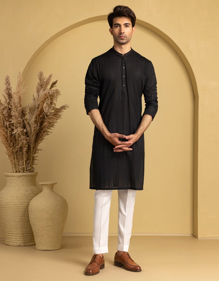 BLACK COTTON SEMI-FORMAL KURTA