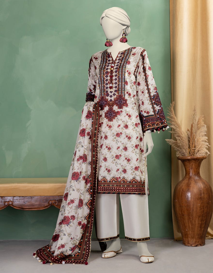 WHITE LAWN PRINTED UNSTITCHED 3PC