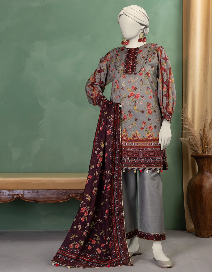 GREY LAWN PRINTED UNSTITCHED 3PC