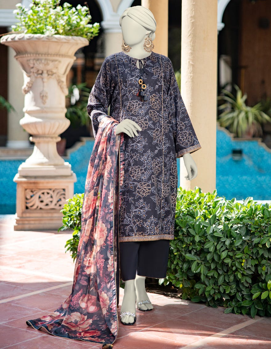 BLACK LAWN PASTE PRINTED UNSTITCHED 3PC