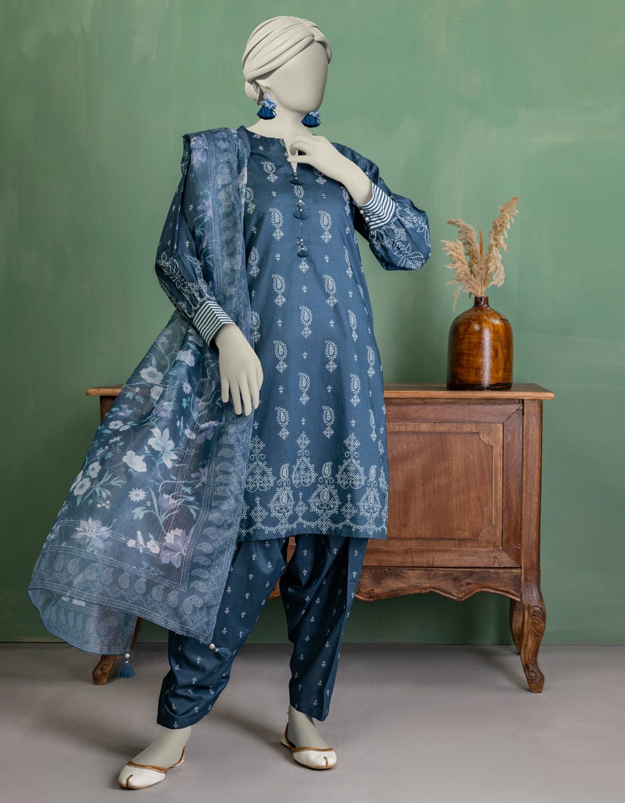BLUE LAWN PASTE PRINTED UNSTITCHED 3PC