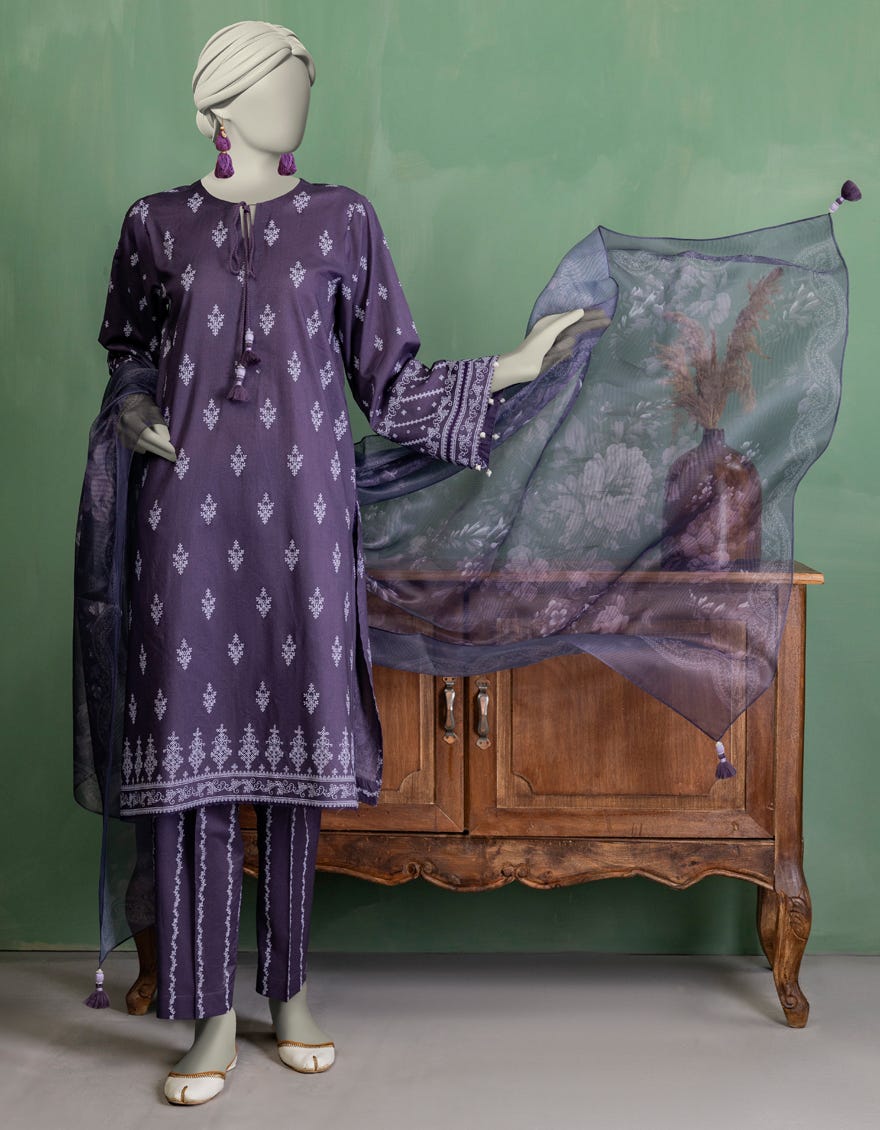 PURPLE LAWN PASTE PRINTED UNSTITCHED 3PC