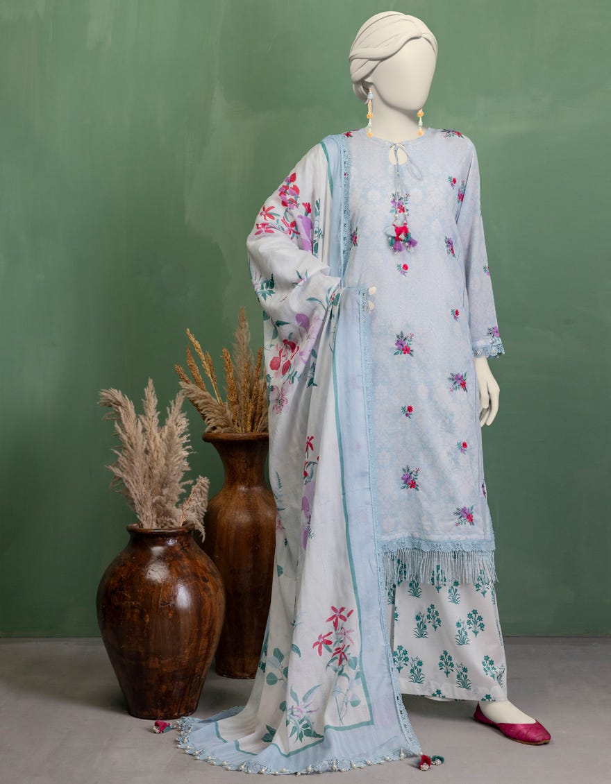 BLUE DOBBY EMBROIDERED UNSTITCHED 3PC