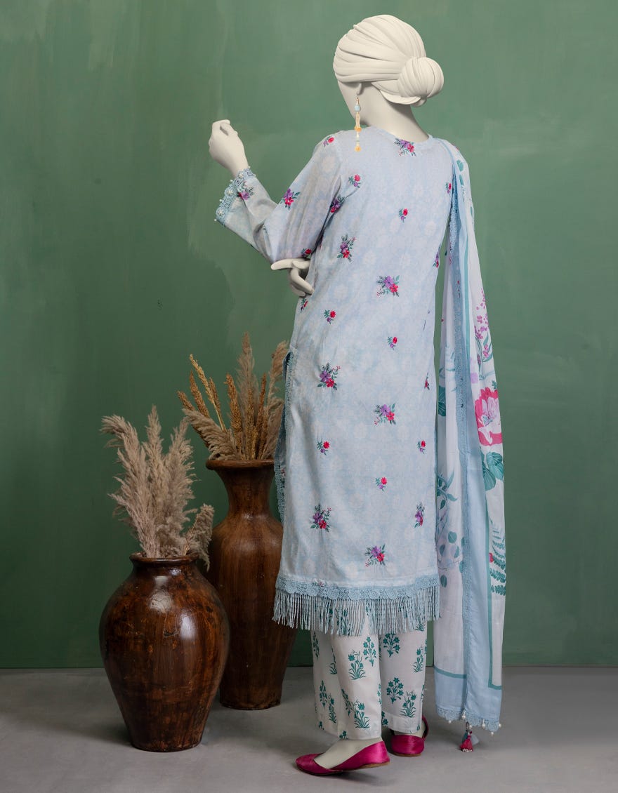 BLUE DOBBY EMBROIDERED UNSTITCHED 3PC