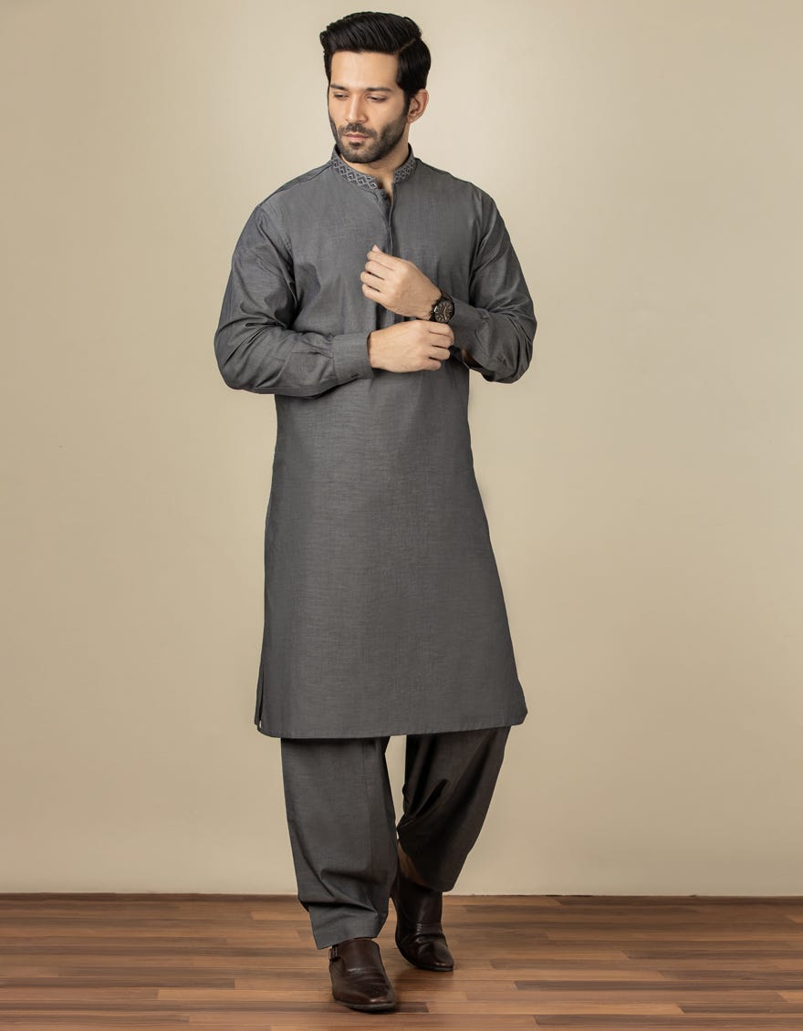 GREY COTTON CASUAL KAMEEZ SHALWAR | JJKS-S-34159