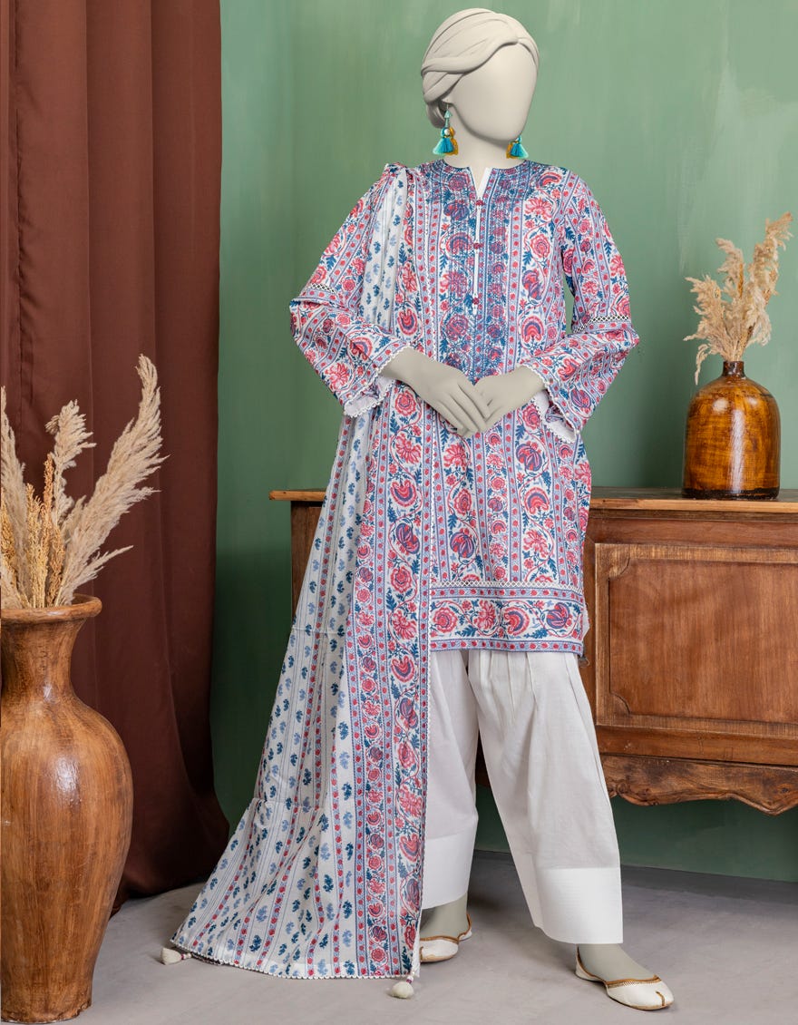 WHITE LAWN EMBROIDERED UNSTITCHED 3PC