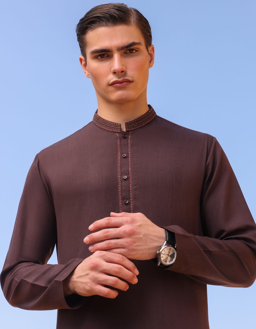Chocolate Brown Blended Men's Kameez Shalwar | Jjks-S-34500