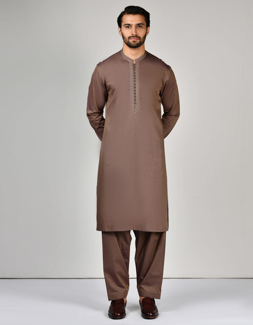 Brown Cotton Men's Kameez Shalwar | Jjks-S-34577