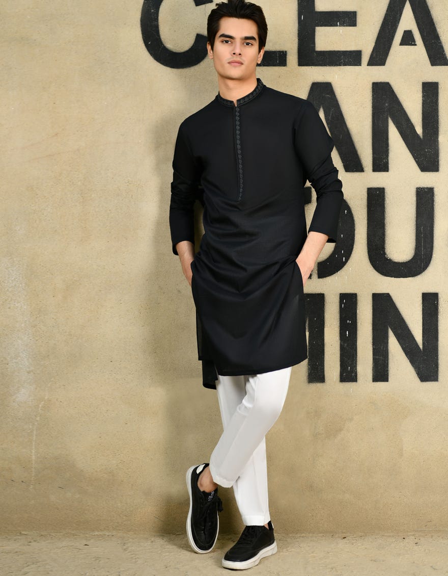 Black Blended Teen Boy's Kurta | Jtk-S-34588