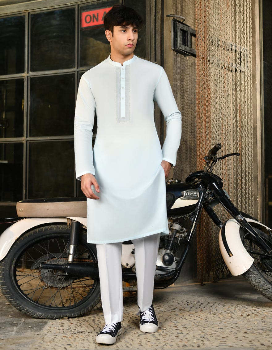 Ice Blue Cotton Teen Boy's Kurta | Jtk-S-34596