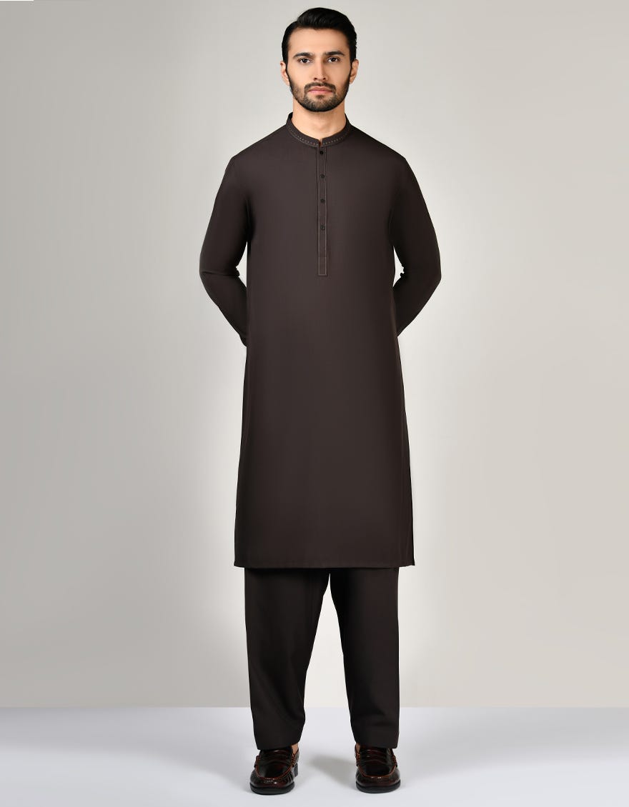 Brown Blended Men's Kameez Shalwar | Jjks-A-34599