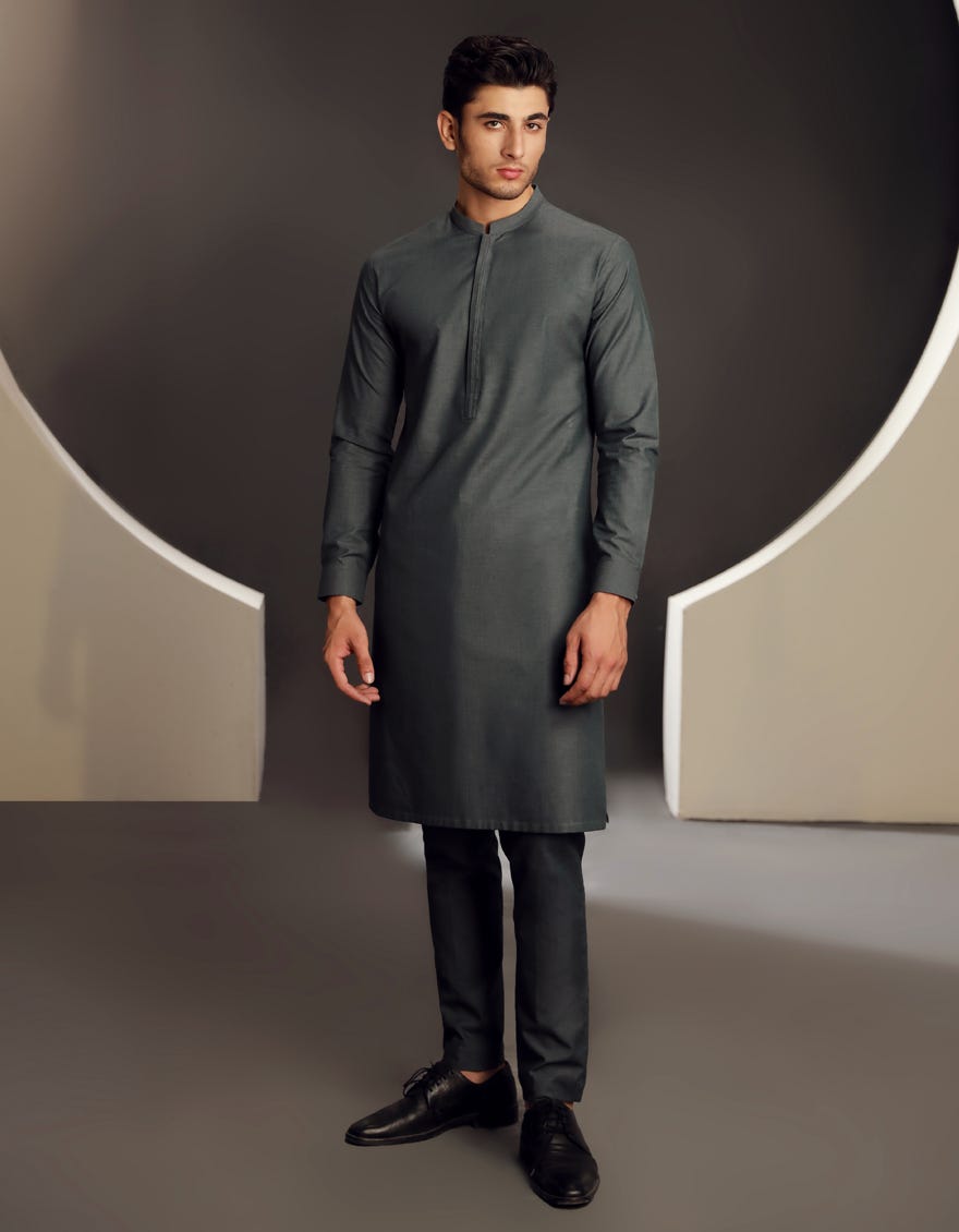 STONE GREY COTTON KURTA PAJAMA | JJKP-A-34829