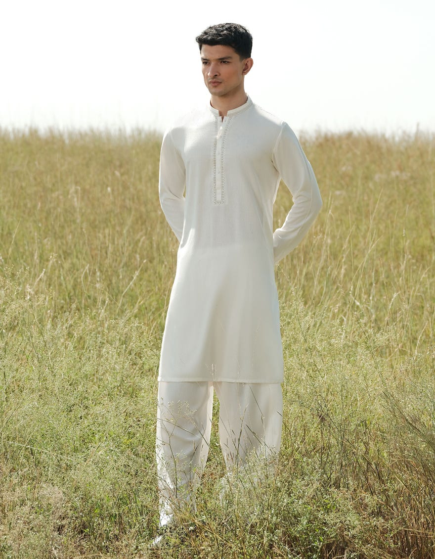 OFF WHITE BLENDED KAMEEZ SHALWAR | JJKS-A-34919