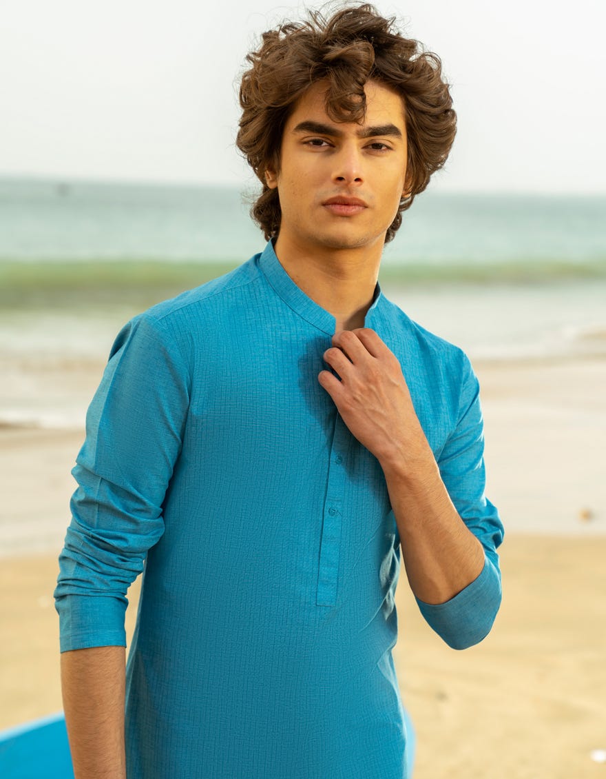TURQUOISE BLUE BLENDED KURTA | JTK-A-34978