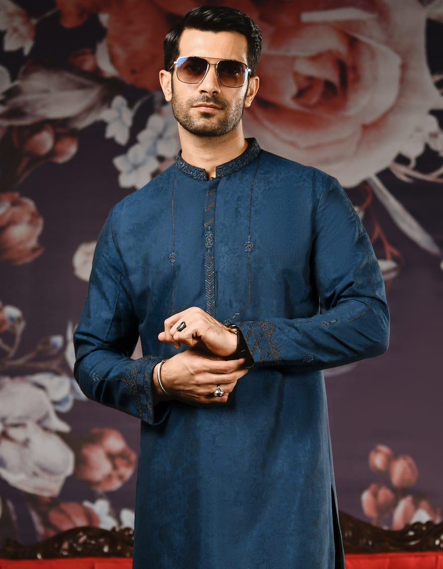 peacock-blue-jamawar-special-kurta-jjk-sp-37588