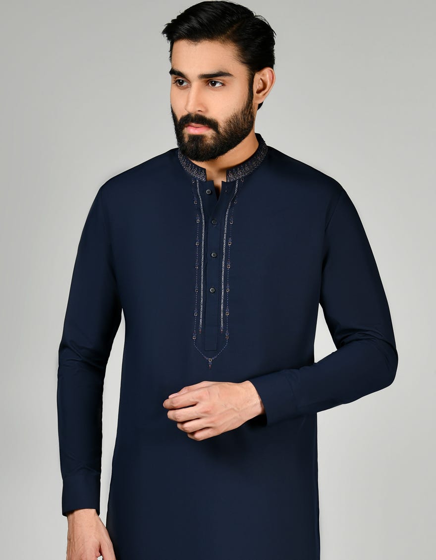 Navy Blue Blended Men's Kameez Shalwar | Jjks-S-37765