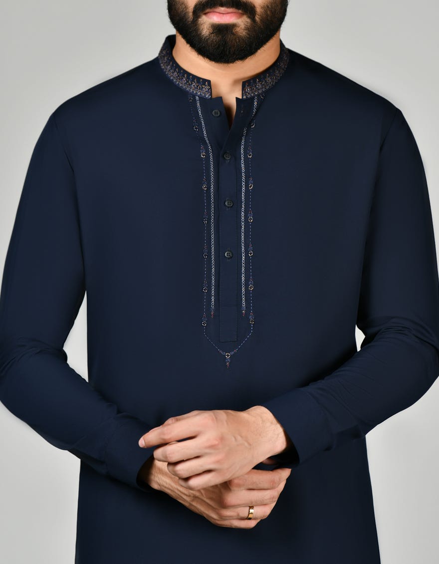 Navy Blue Blended Men's Kameez Shalwar | Jjks-S-37765