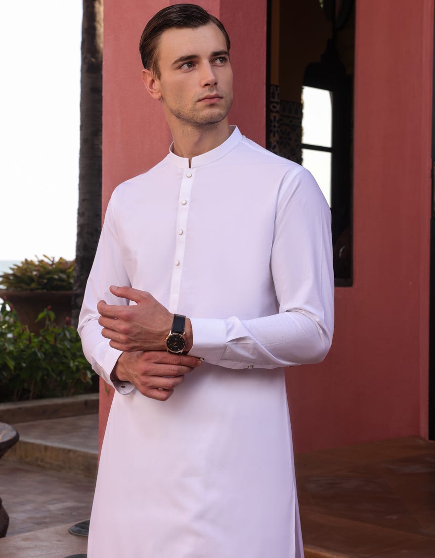 White Cotton Men's Kameez Shalwar | Jjks-S-37806