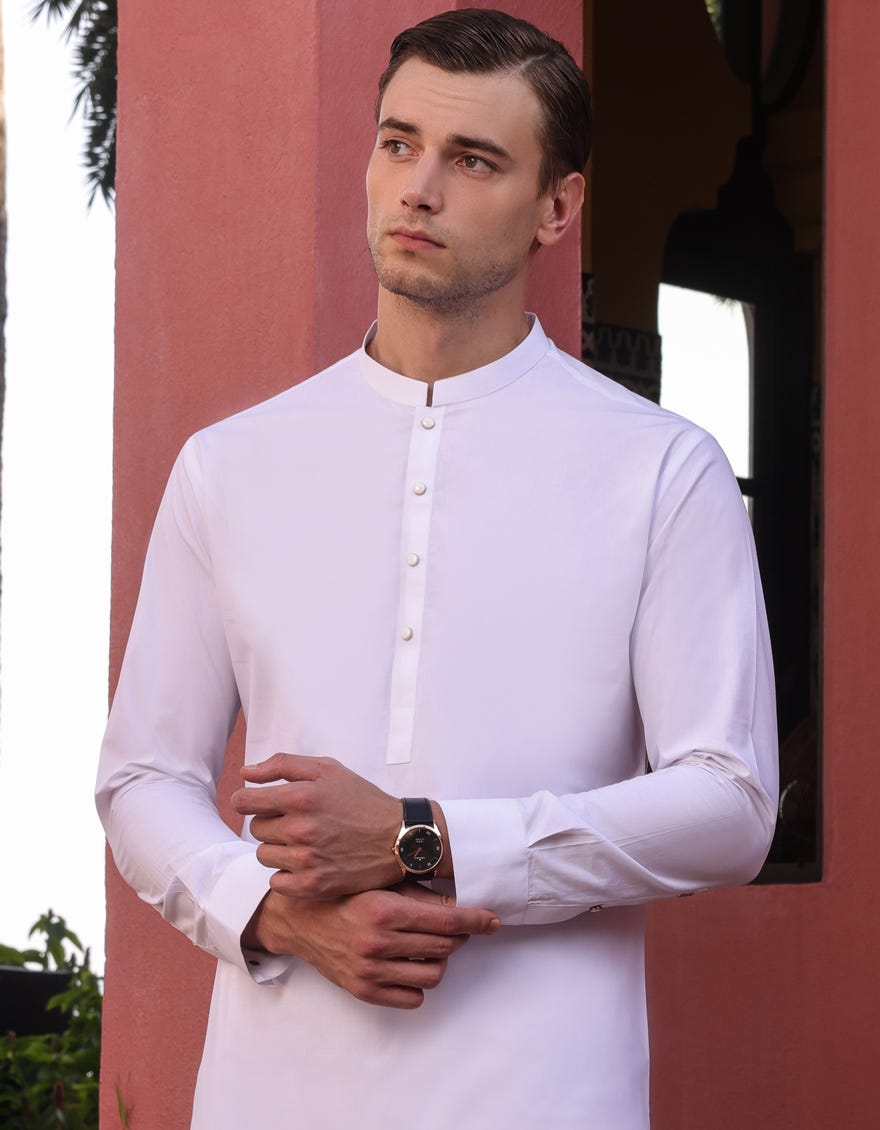 White Cotton Men's Kameez Shalwar | Jjks-S-37806