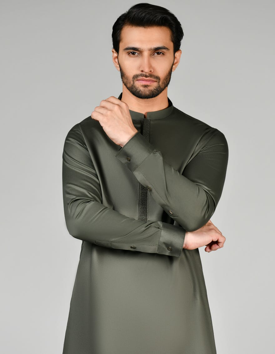 Olive Green Cotton Men's Kameez Shalwar | Jjks-S-37815