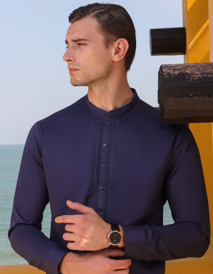 Navy Blue Cotton Men's Kameez Shalwar | Jjks-S-37817