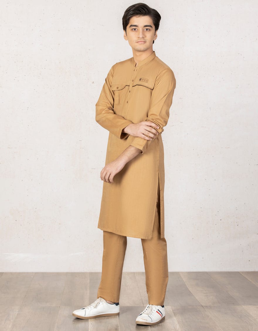 KHAKI COTTON KURTA PAJAMA | JTKP-A-38424