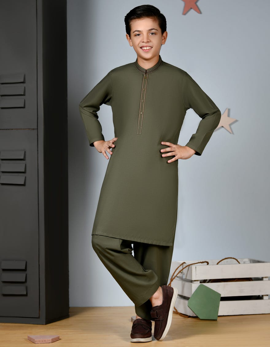 Green Blended Kid's Kameez Shalwar | Jcks-S-38919