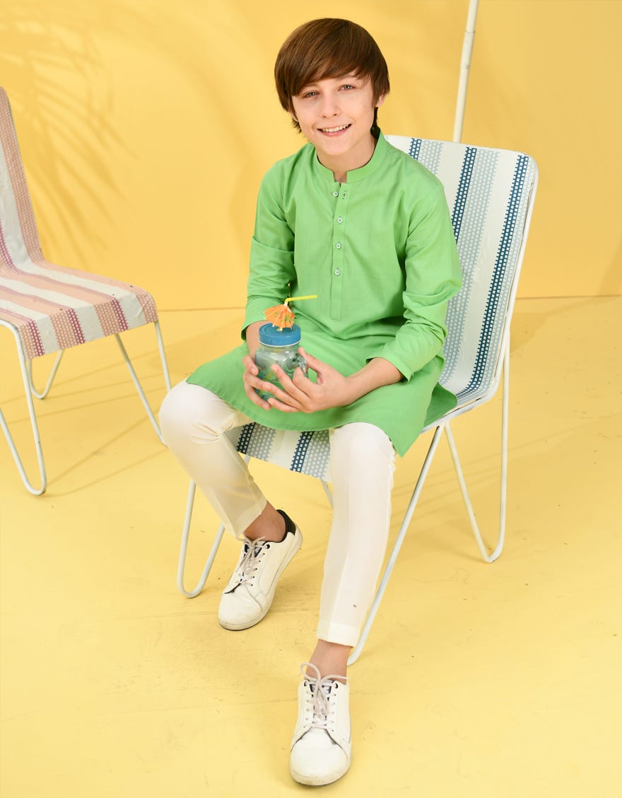 Parrot Green Cotton Kid's Kurta | Jck-A-38949