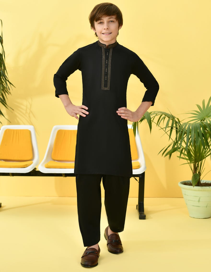 Black Cotton Kid's Kameez Shalwar | Jcks-S-38966