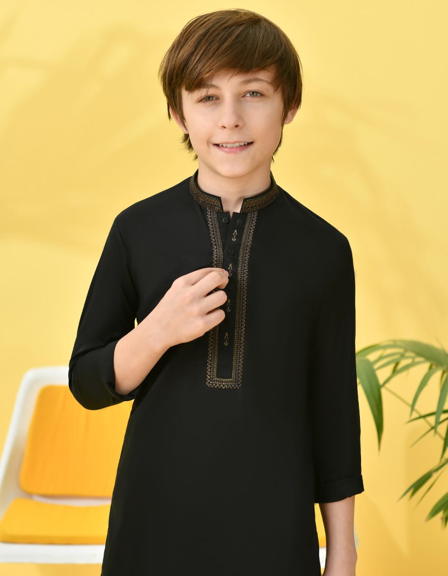 Black Cotton Kid's Kameez Shalwar | Jcks-S-38966