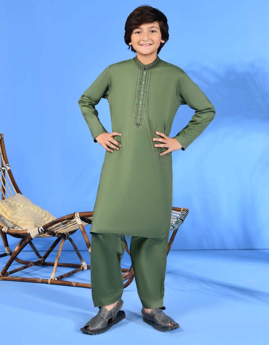 Green Cotton Kid's Kameez Shalwar | Jcks-S-38968