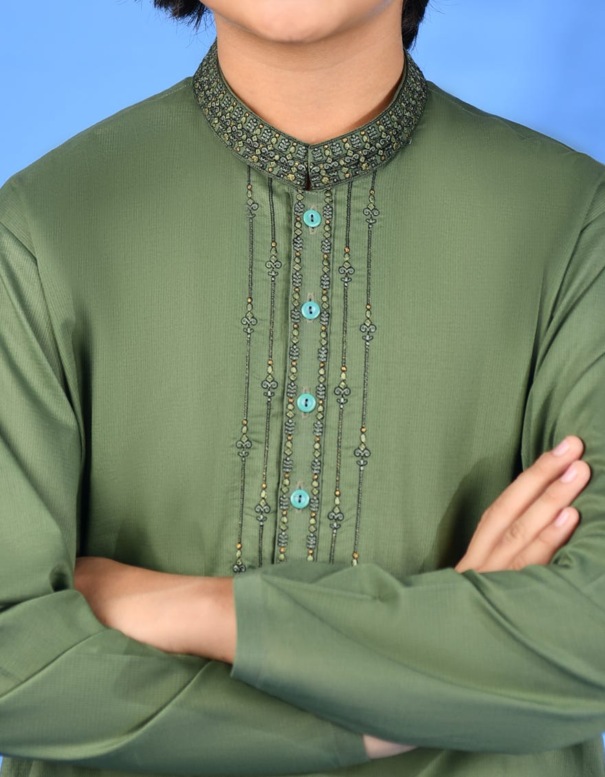 Green Cotton Kid's Kameez Shalwar | Jcks-S-38968