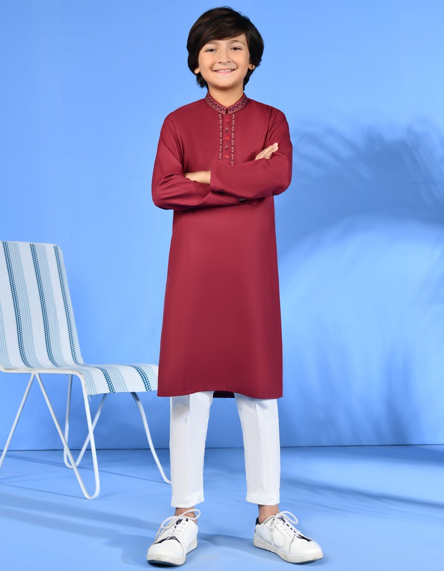 Maroon Blended Kid's Kurta | Jck-S-38974