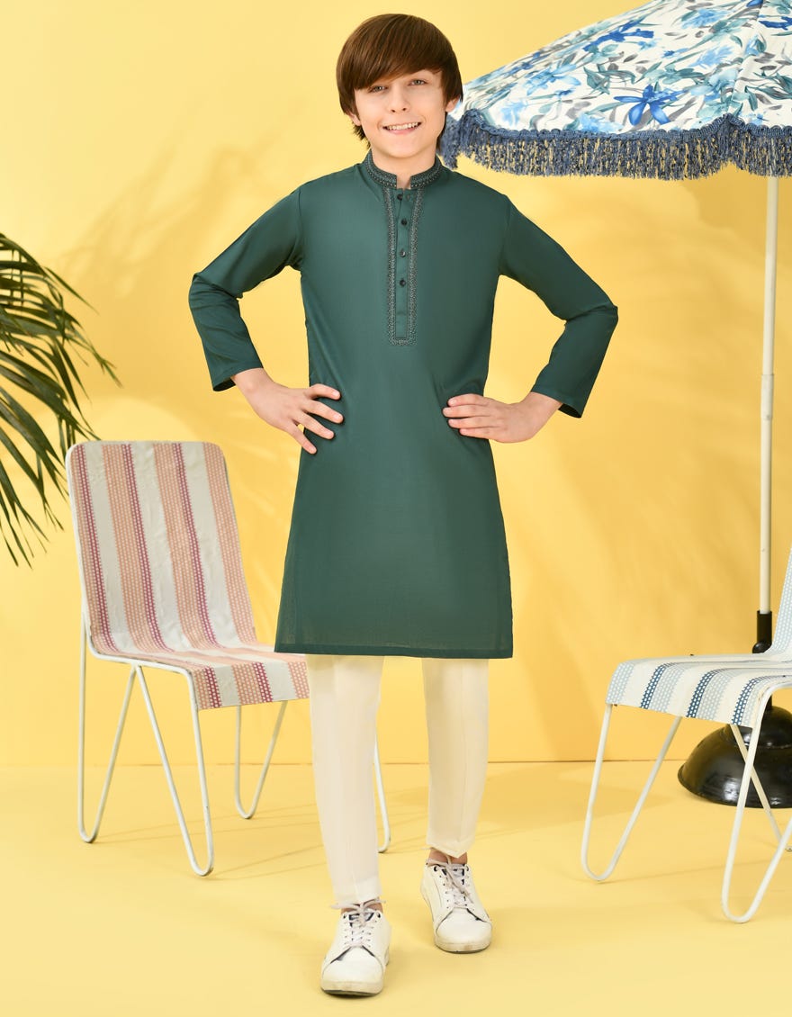 Bottle Green Cotton Kid's Kurta | Jck-S-38977