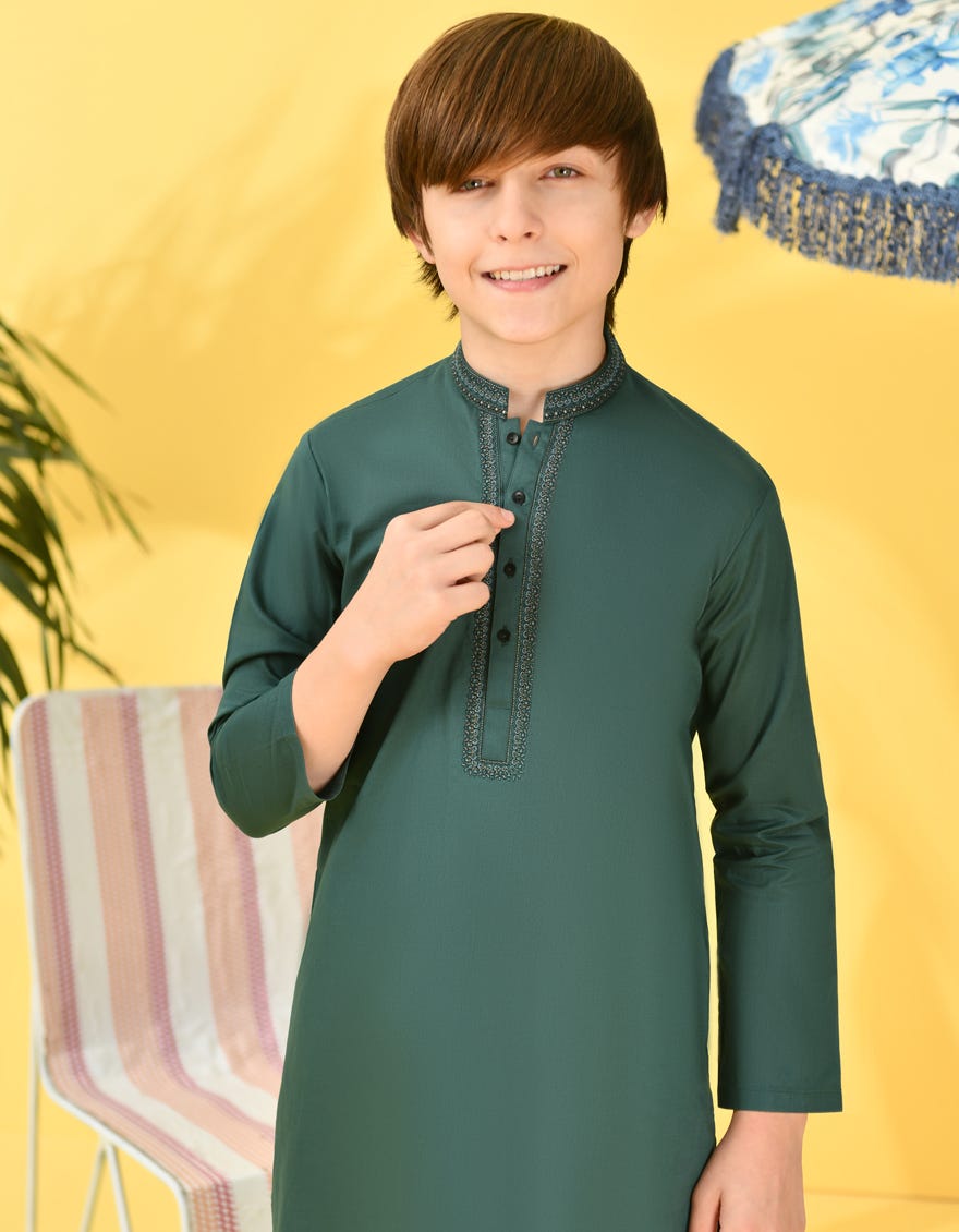 Bottle Green Cotton Kid's Kurta | Jck-S-38977